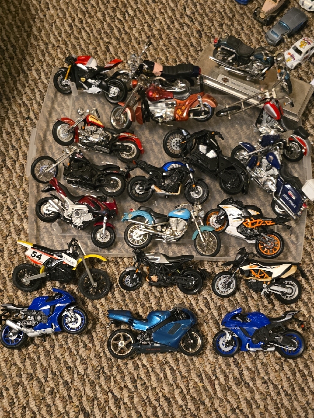 19 Assorted Toy Motorcycle Set - Blue, Black, White, Orange, Yellow